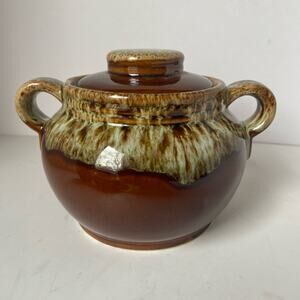 Drip Brown Small Bean Pot With Lid Unmarked EUC
